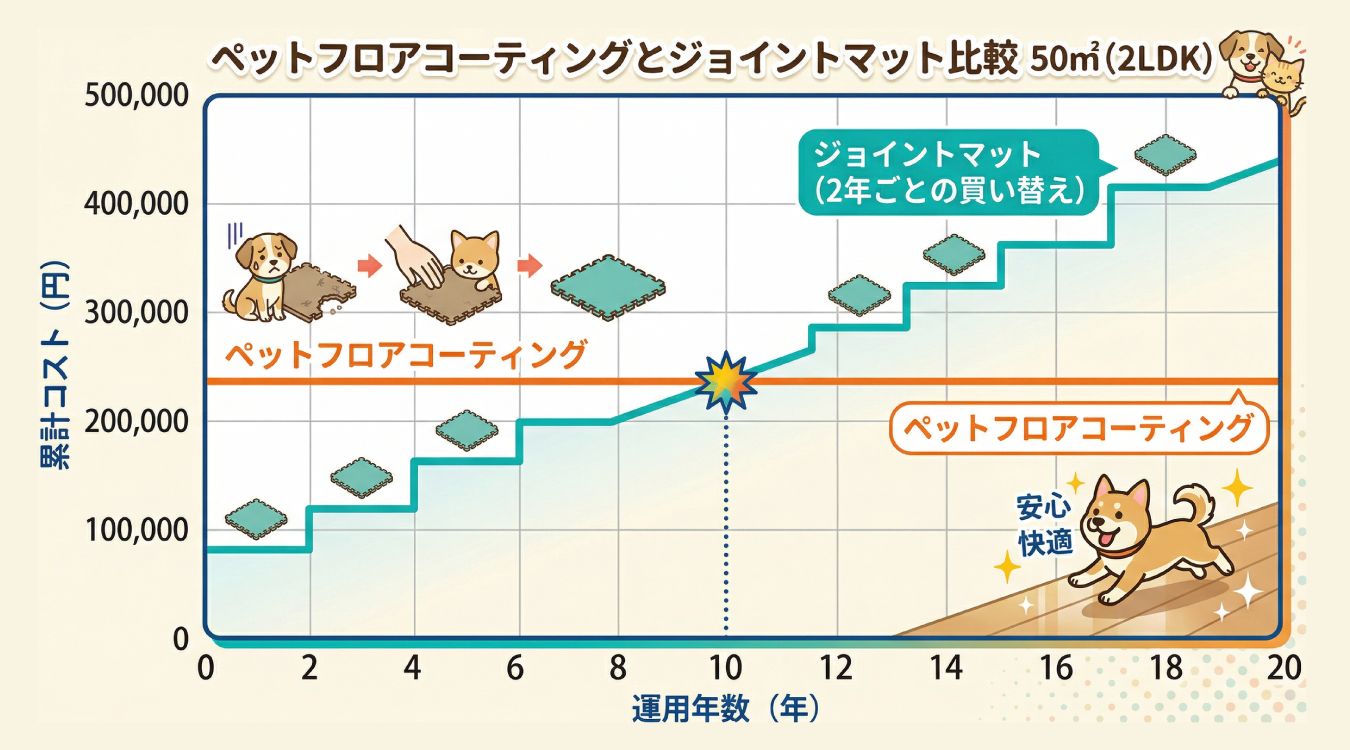 費用相場で徹底比較!初期費用 vs 生涯コスト|犬の滑り止めはジョイントマットとペットフロアコーティングどっちが良い?費用や衛生面を徹底比較