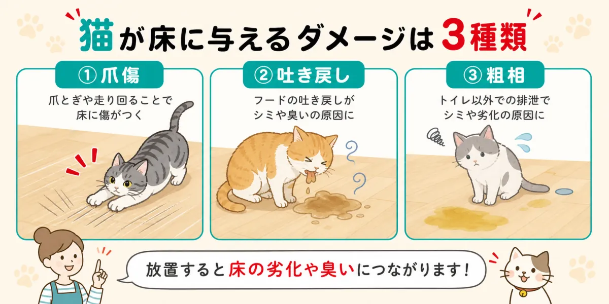 猫が床に与えるダメージは3種類｜爪傷・吐き戻し・粗相